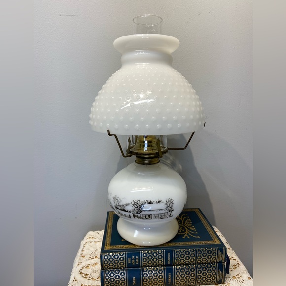 Currier & Ives Other - Currier And Ives Milk Glass Oil Lamp With Hobnail Shade Farm Scene Vintage